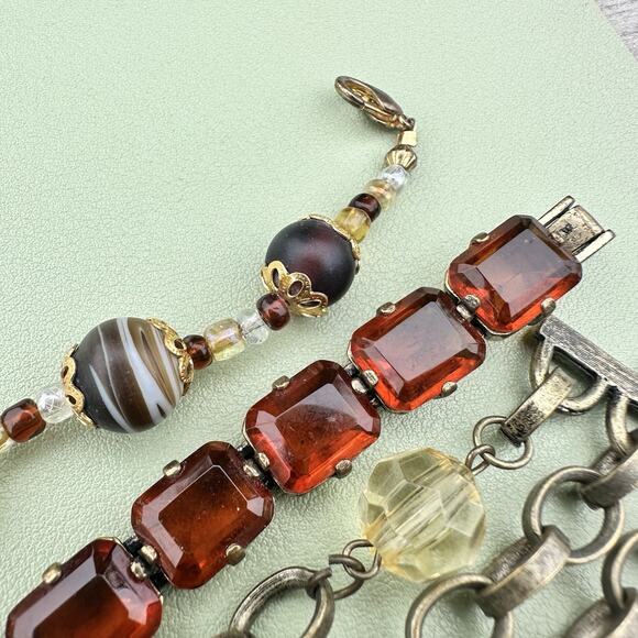 Amber Topaz Glass Rhinestone Brass Bracelet Chunky Chain Stack J Crew Autumn - Picture 6 of 7